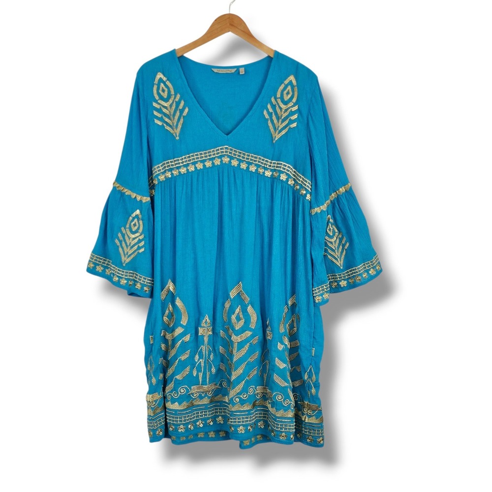 Soft Surroundings Zaneta Dress L Turquoise Gold Embroidered Gauzy Bell Sleeve